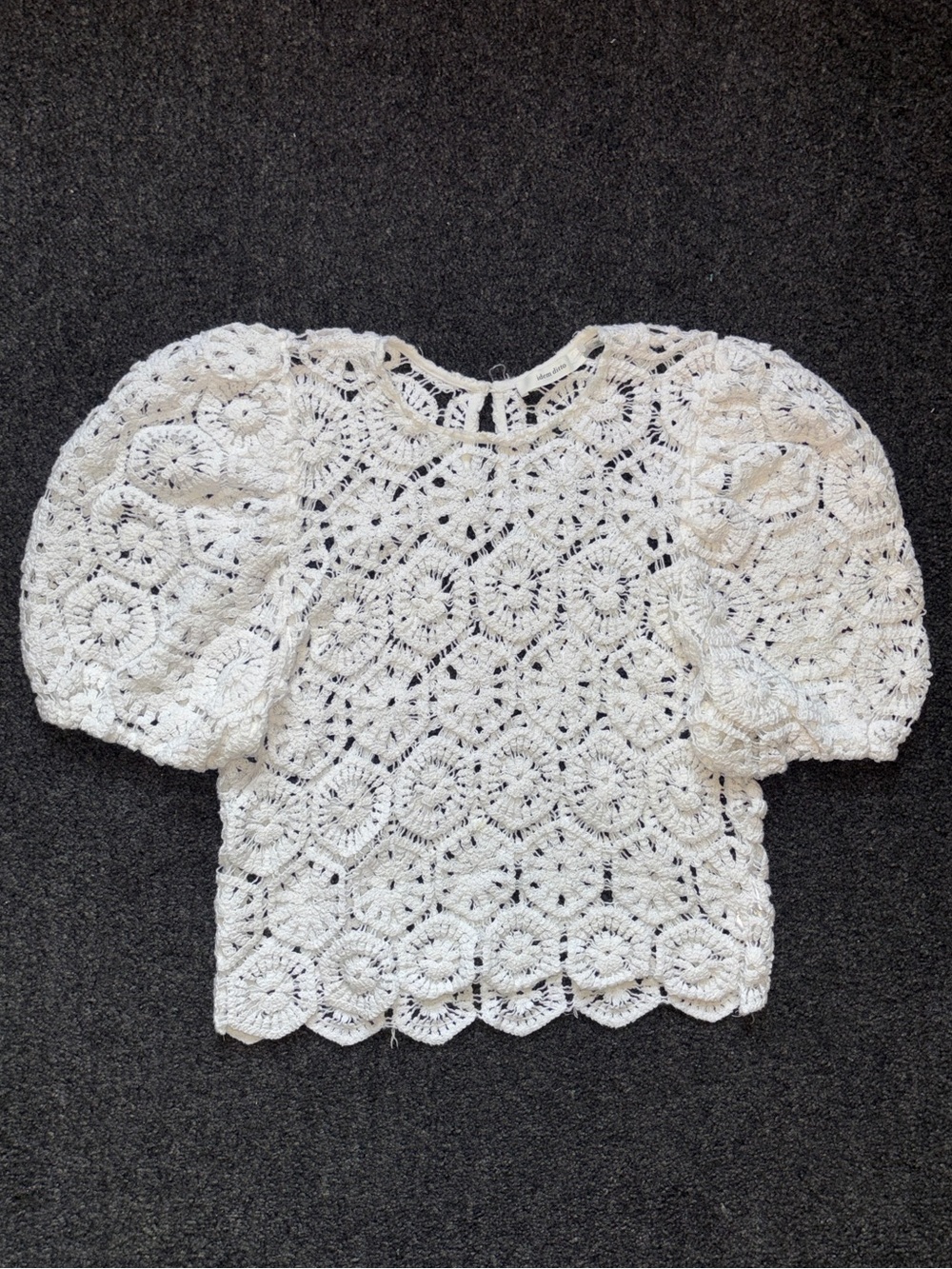 White Crochet Eyelet Lace Top Sz L Puff Sleeves Embroidered 100% Cotton Cropped